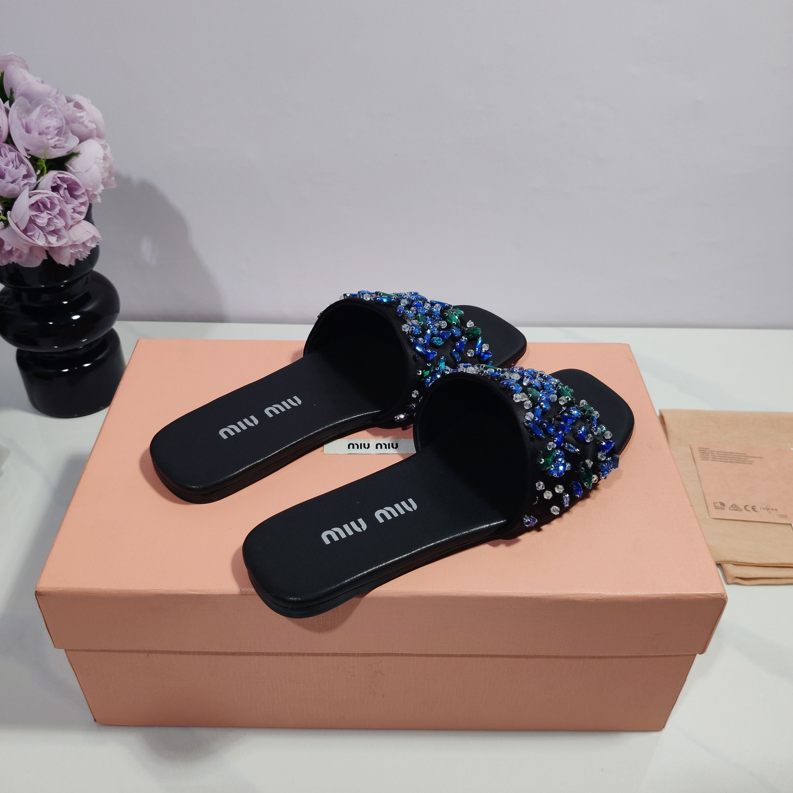 Miumiu 2026 Crystal Embellished Slide Sandals Satin 941769