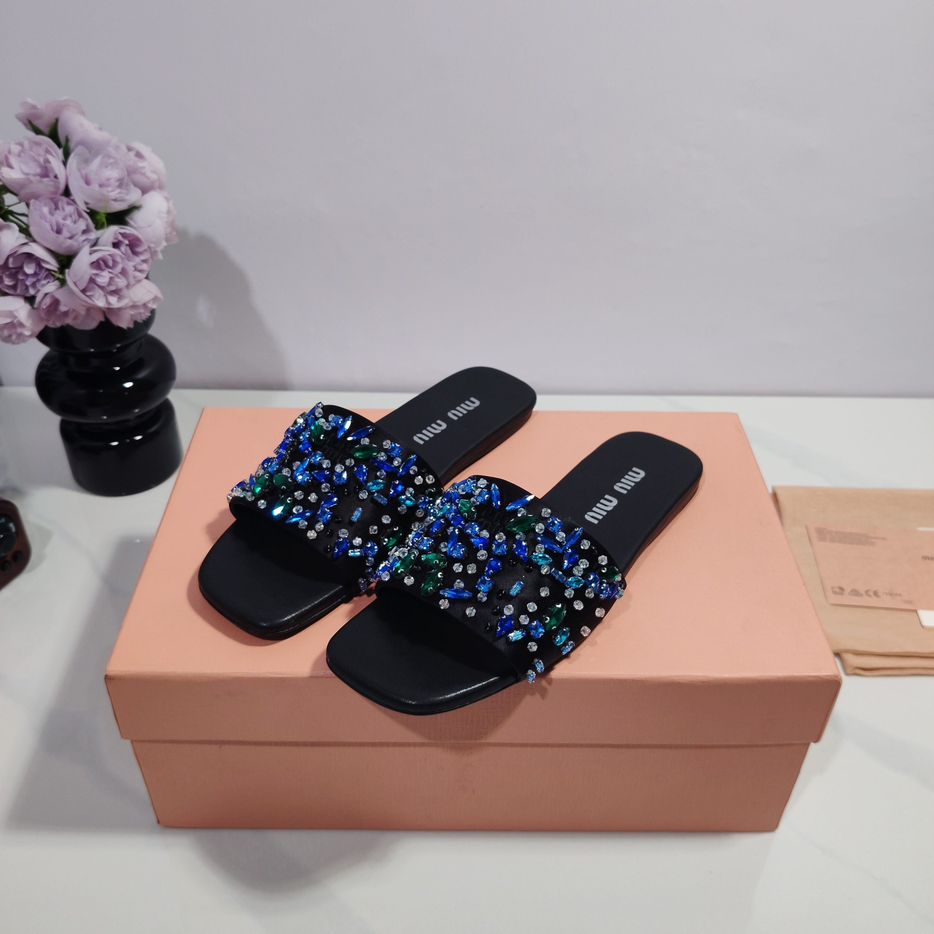 Miumiu 2026 Crystal Embellished Slide Sandals Satin 941769
