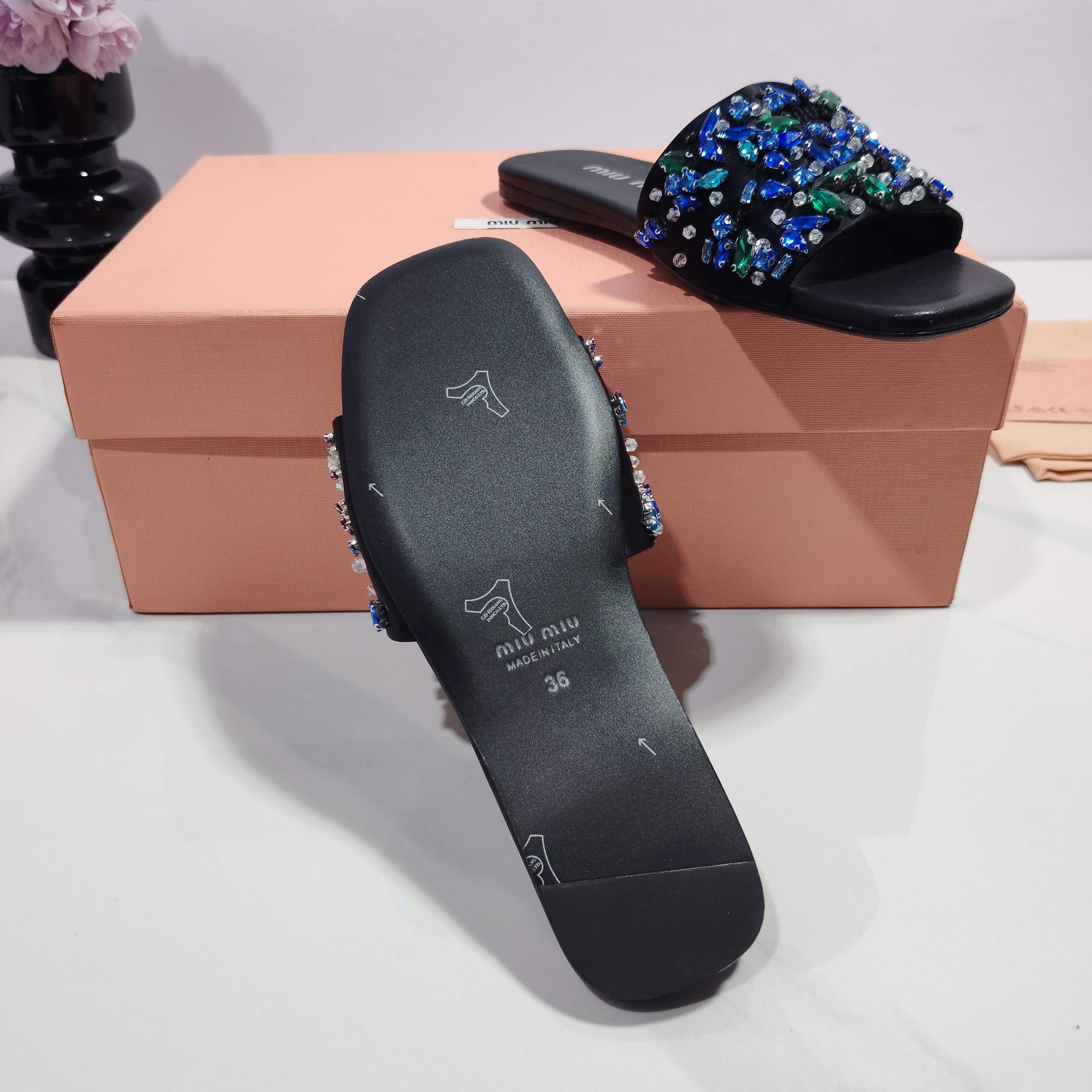 Miumiu 2026 Crystal Embellished Slide Sandals Satin 941769