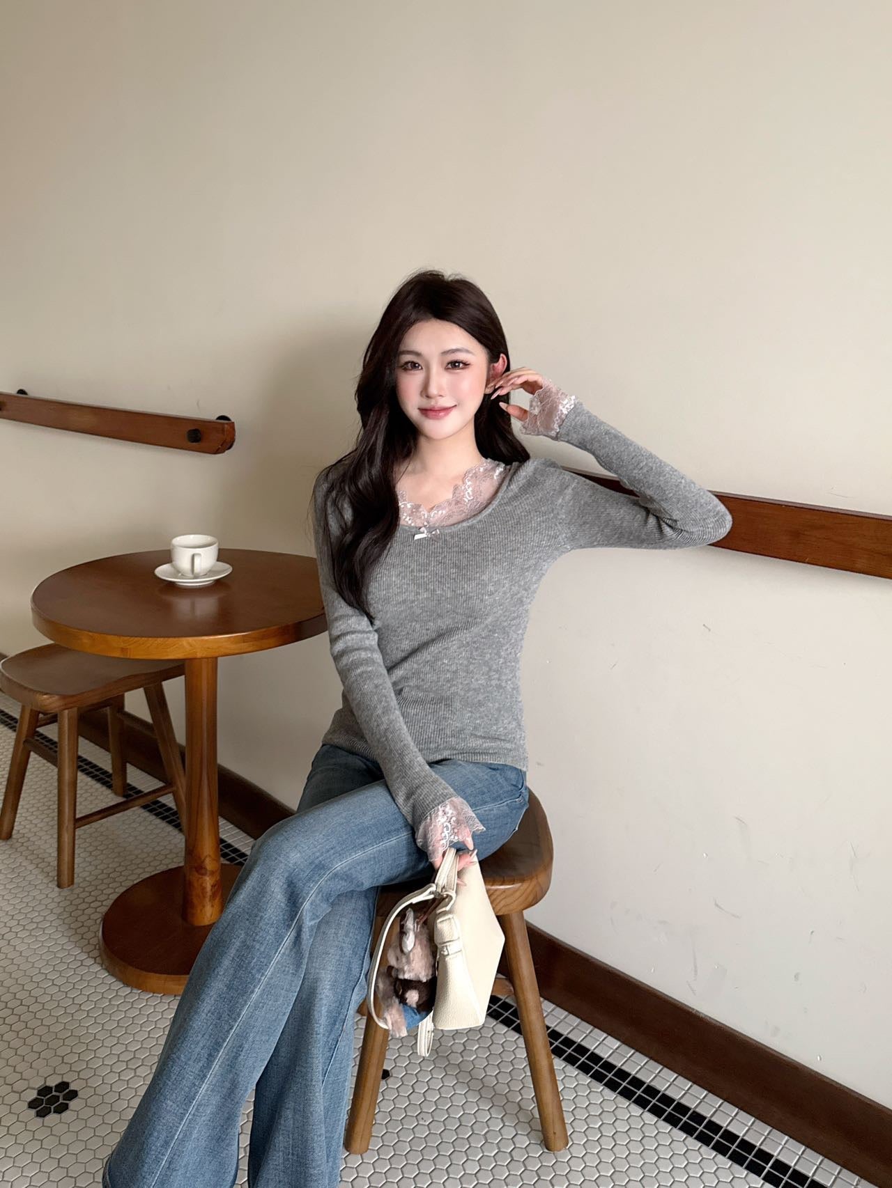 Miumiu 2026 Lace-trimmed Base Layer Top Grey Wool