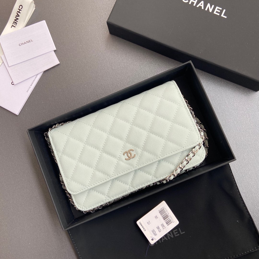 CC Woc 20cm Light Green Grained Calfskin Silver Hardware