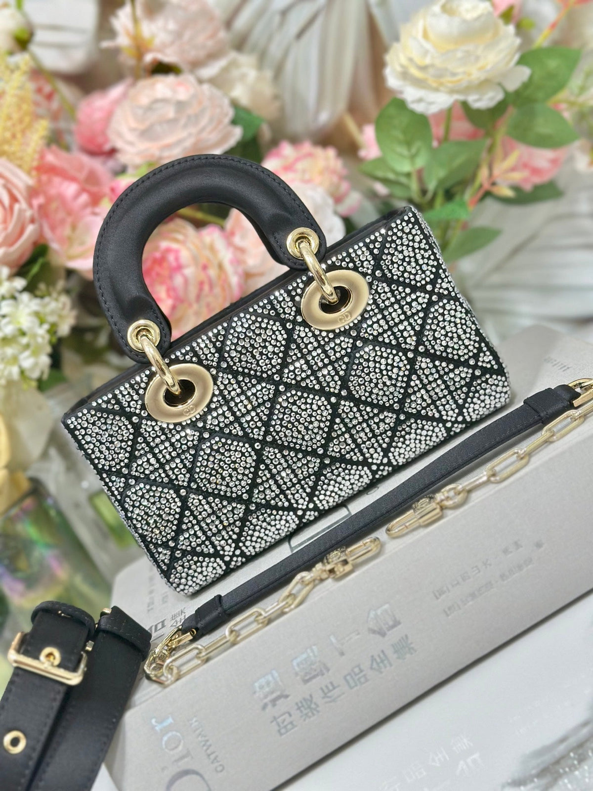 Dior 2026 Mini Lady Dior Bag Black Cannage Satin and Strass 405668