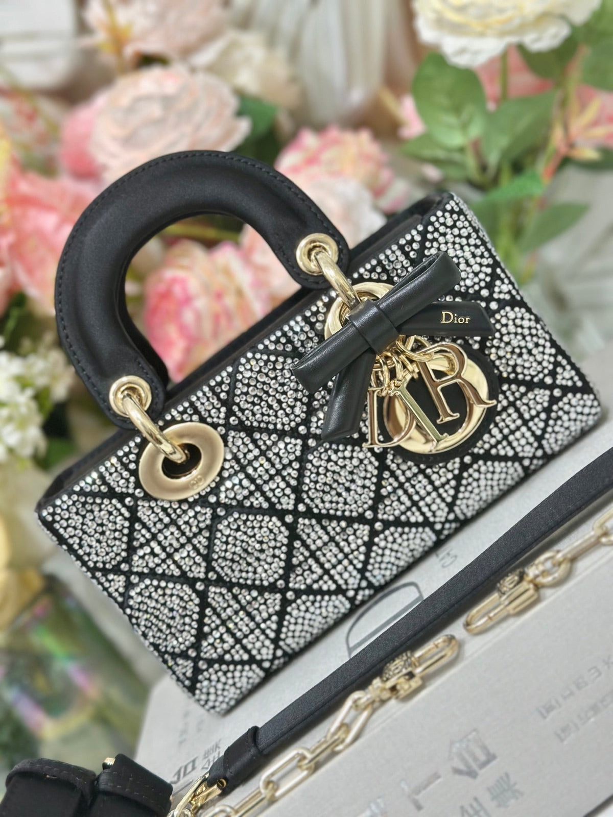 Dior 2026 Mini Lady Dior Bag Black Cannage Satin and Strass 405668