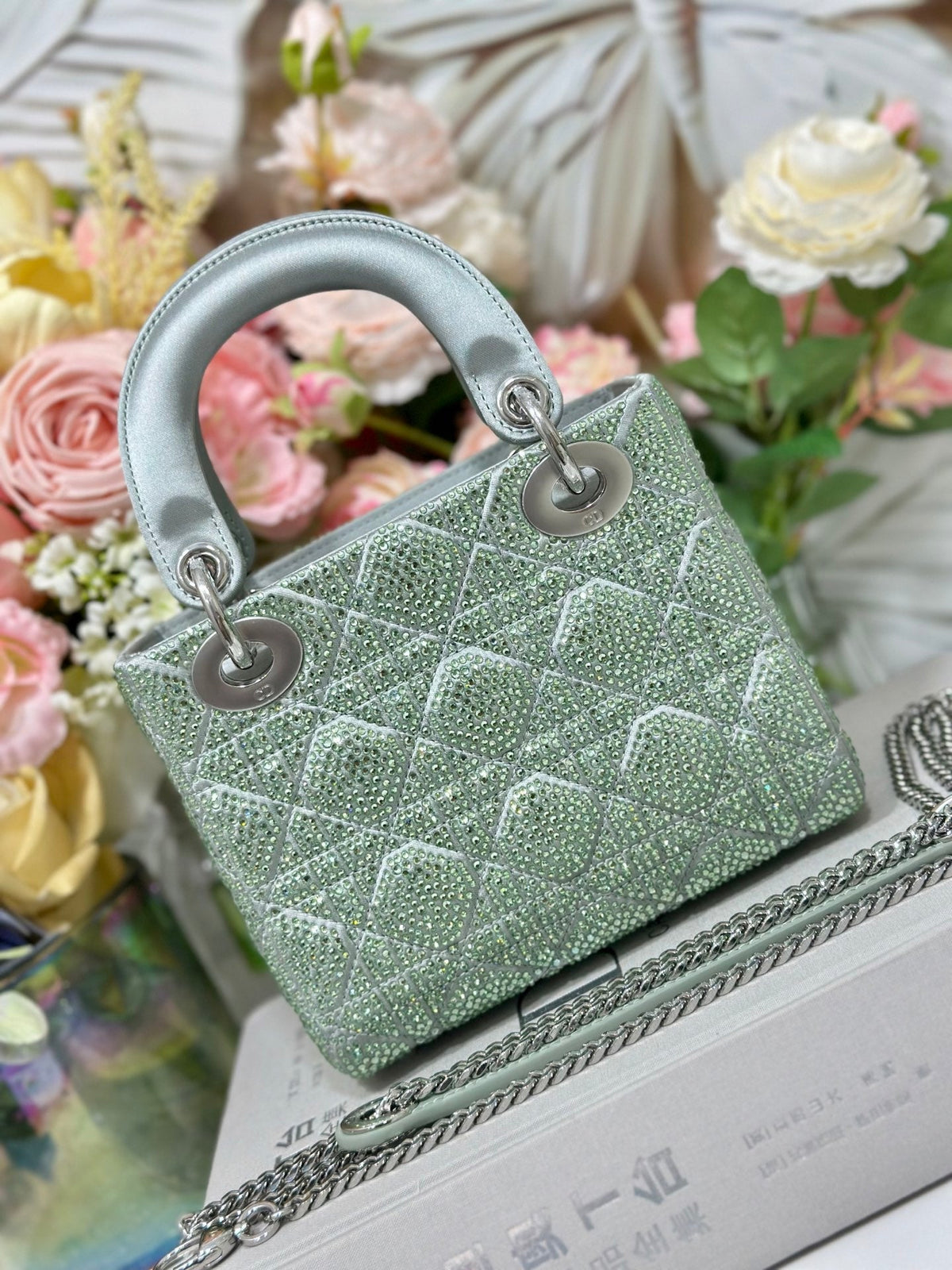 Dior 2026 Lady Dior Bag with Chain 17cm Green Cannage Satin and Strass