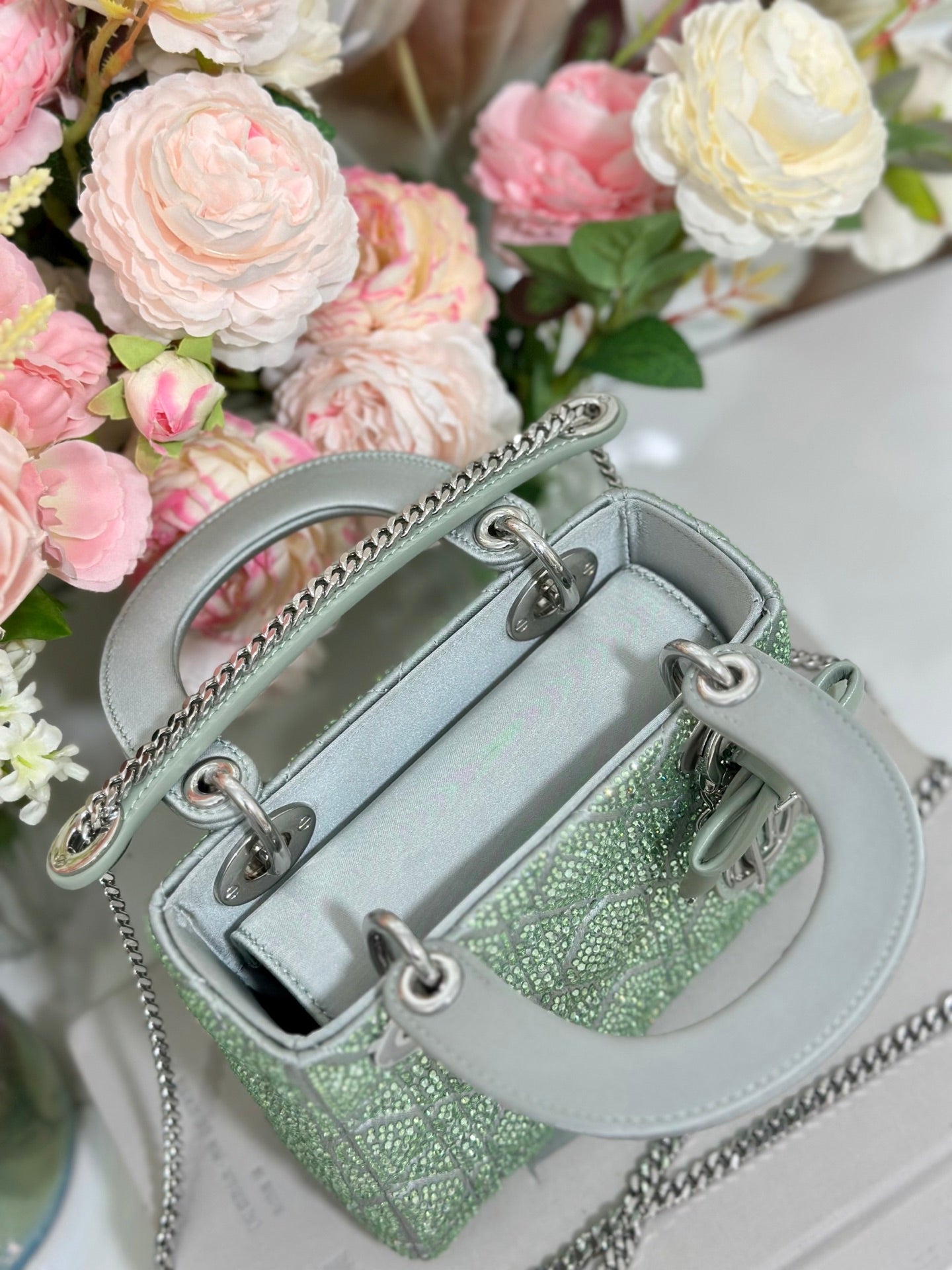 Dior 2026 Lady Dior Bag with Chain 17cm Green Cannage Satin and Strass