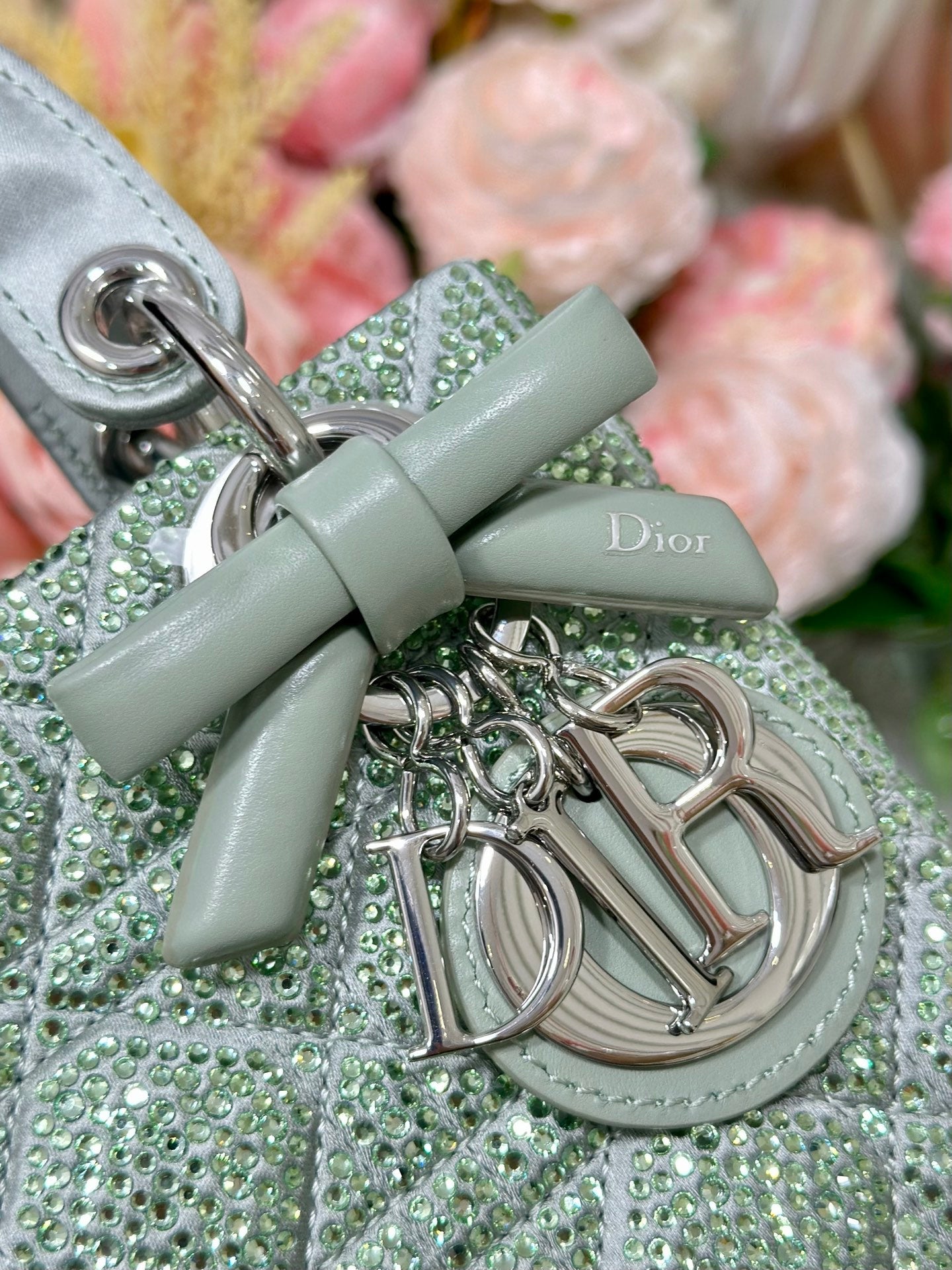Dior 2026 Lady Dior Bag with Chain 17cm Green Cannage Satin and Strass