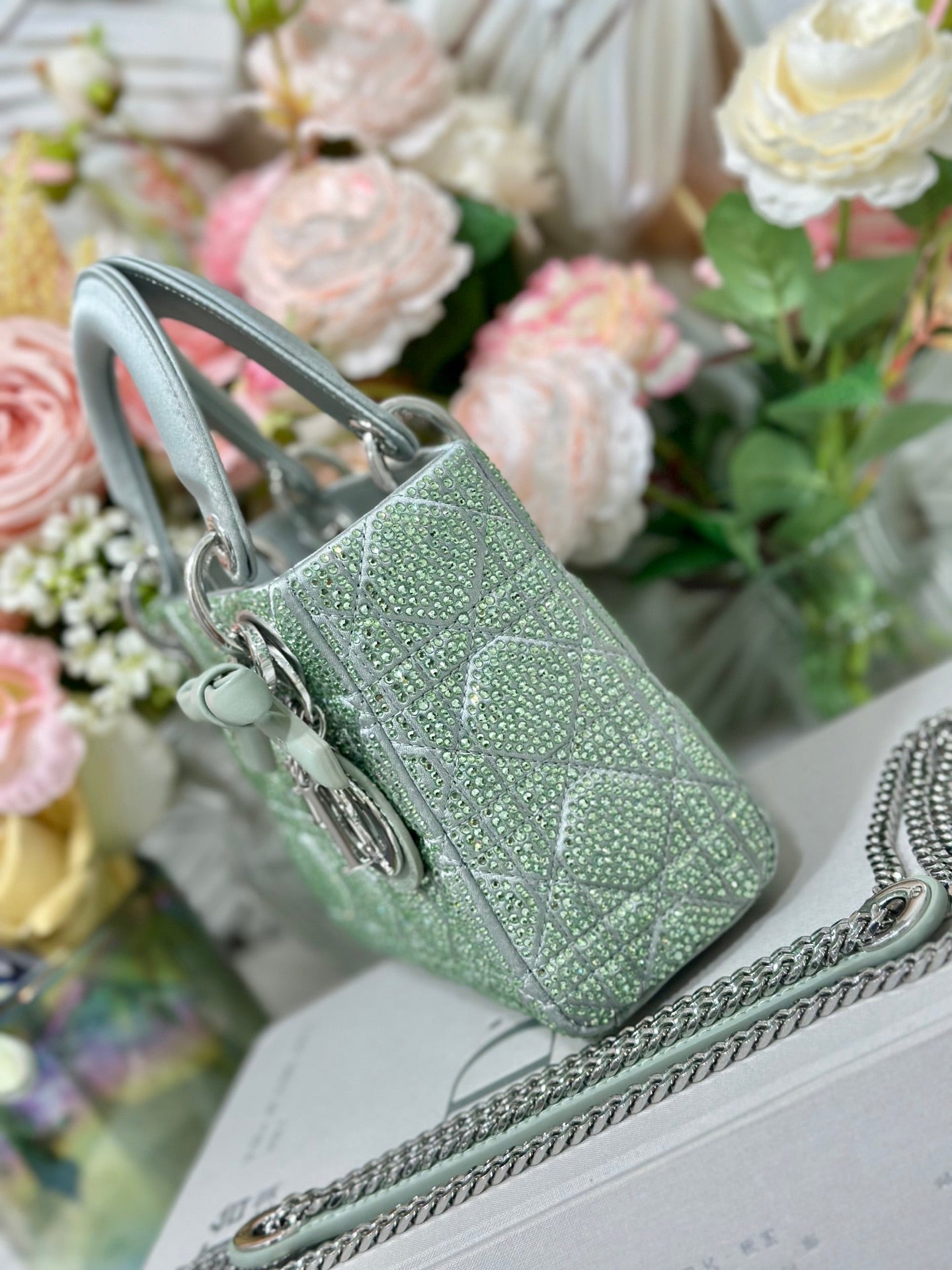 Dior 2026 Lady Dior Bag with Chain 17cm Green Cannage Satin and Strass