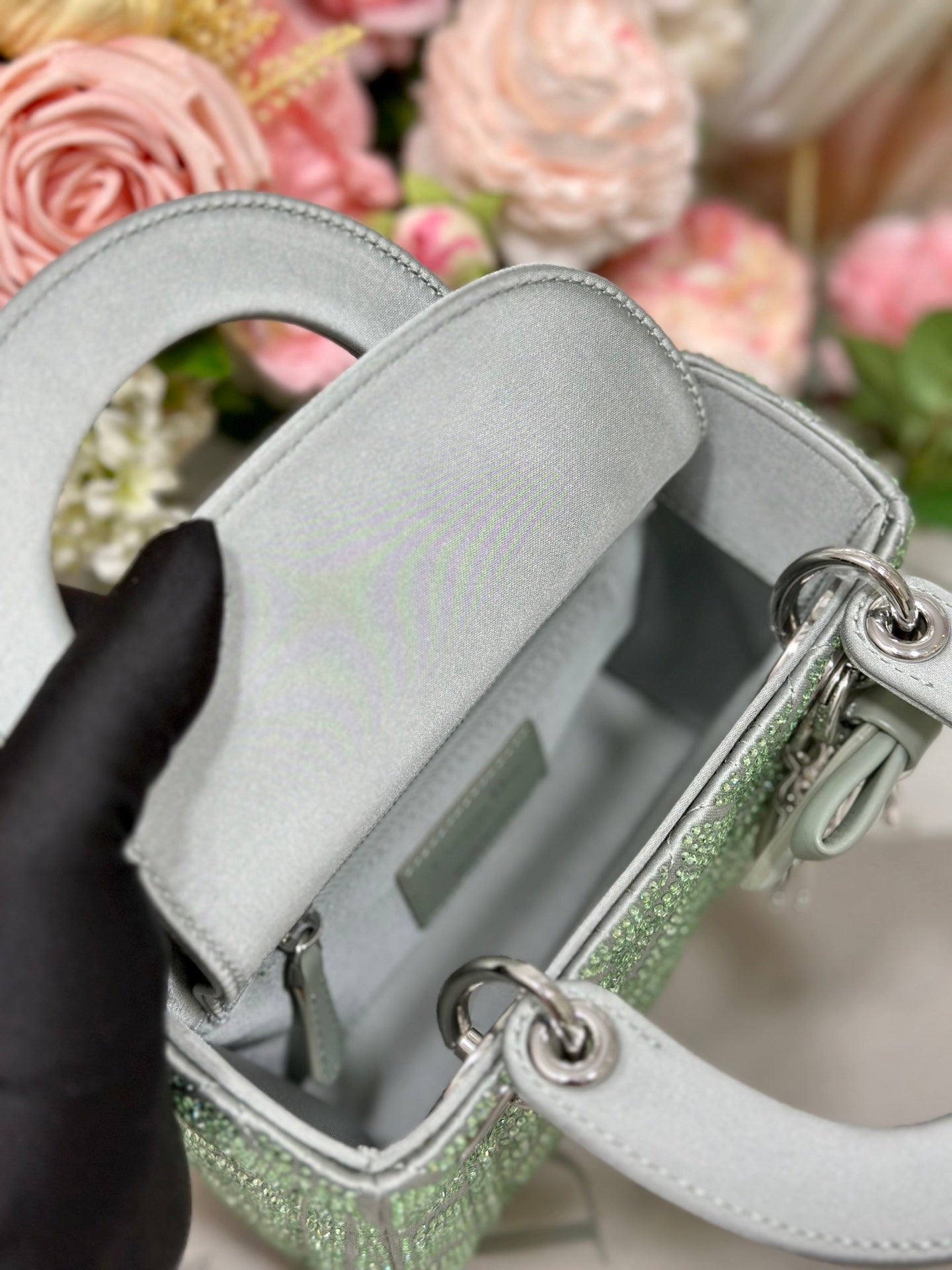Dior 2026 Lady Dior Bag with Chain 17cm Green Cannage Satin and Strass