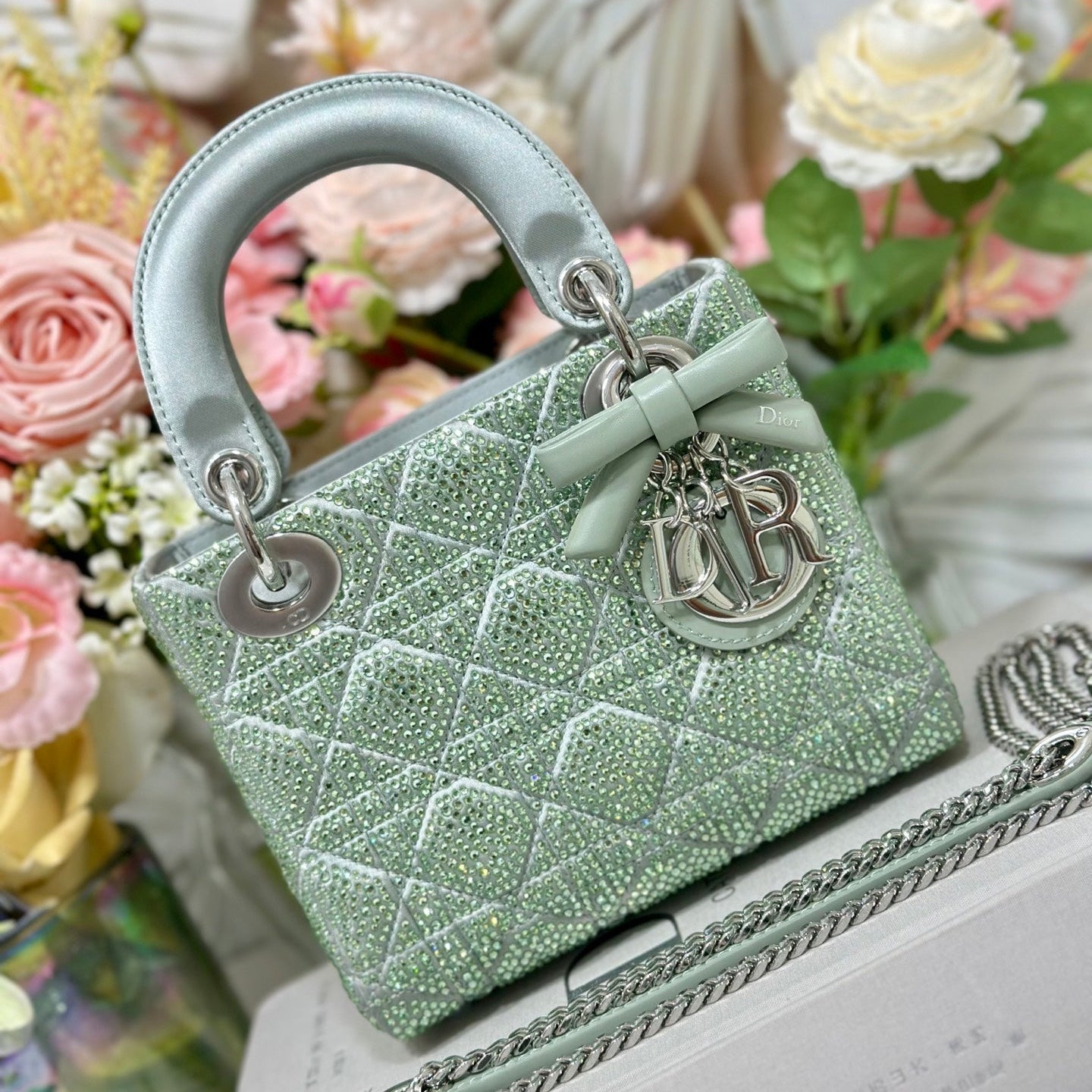Dior 2026 Lady Dior Bag with Chain 17cm Green Cannage Satin and Strass