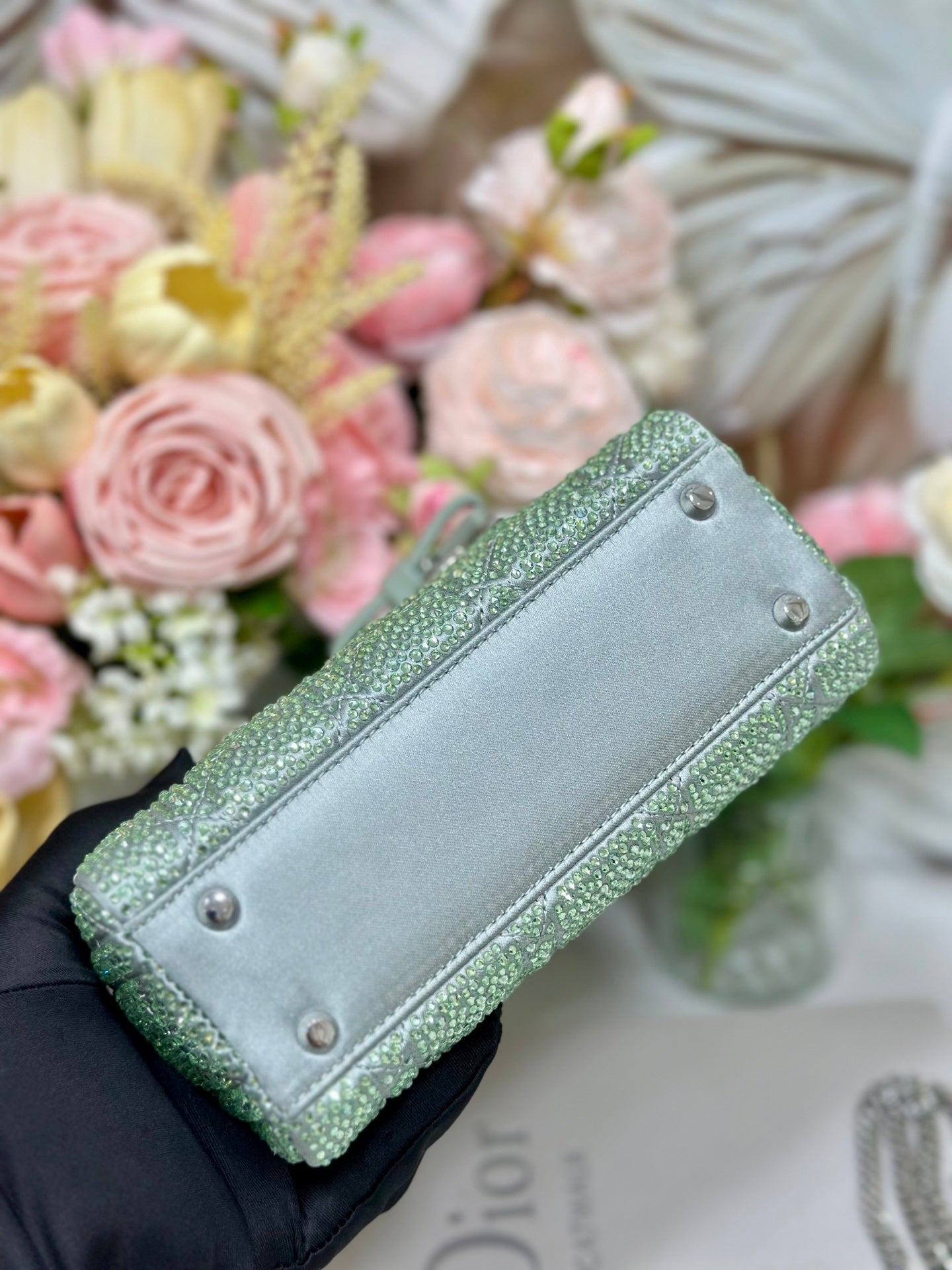 Dior 2026 Lady Dior Bag with Chain 17cm Green Cannage Satin and Strass