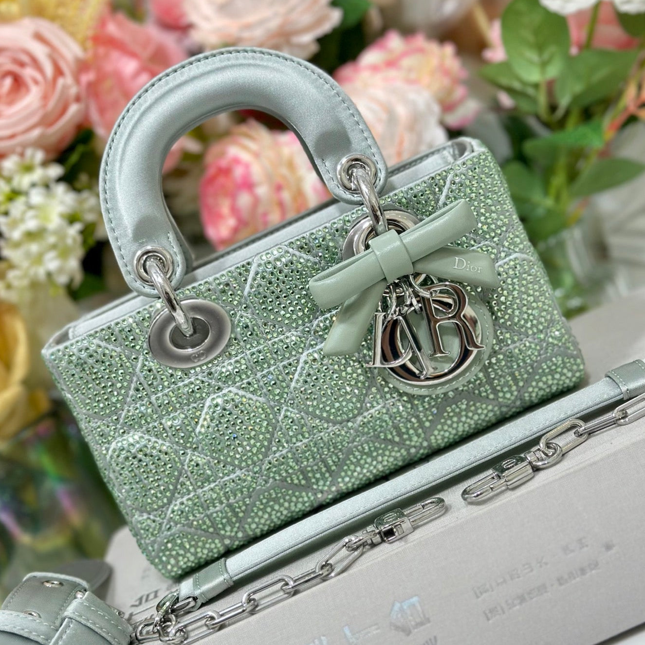 Dior 2026 Dior 2026 Lady D-Joy Bag 19cm Green Cannage Satin and Strass 166357