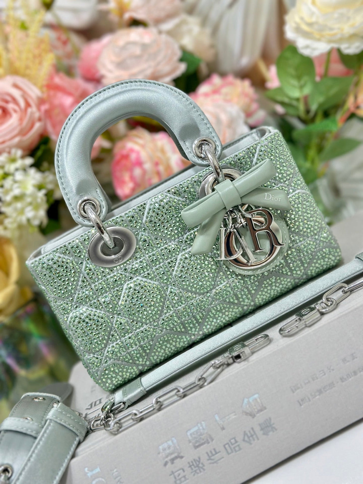Dior 2026 Dior 2026 Lady D-Joy Bag 19cm Green Cannage Satin and Strass 166357