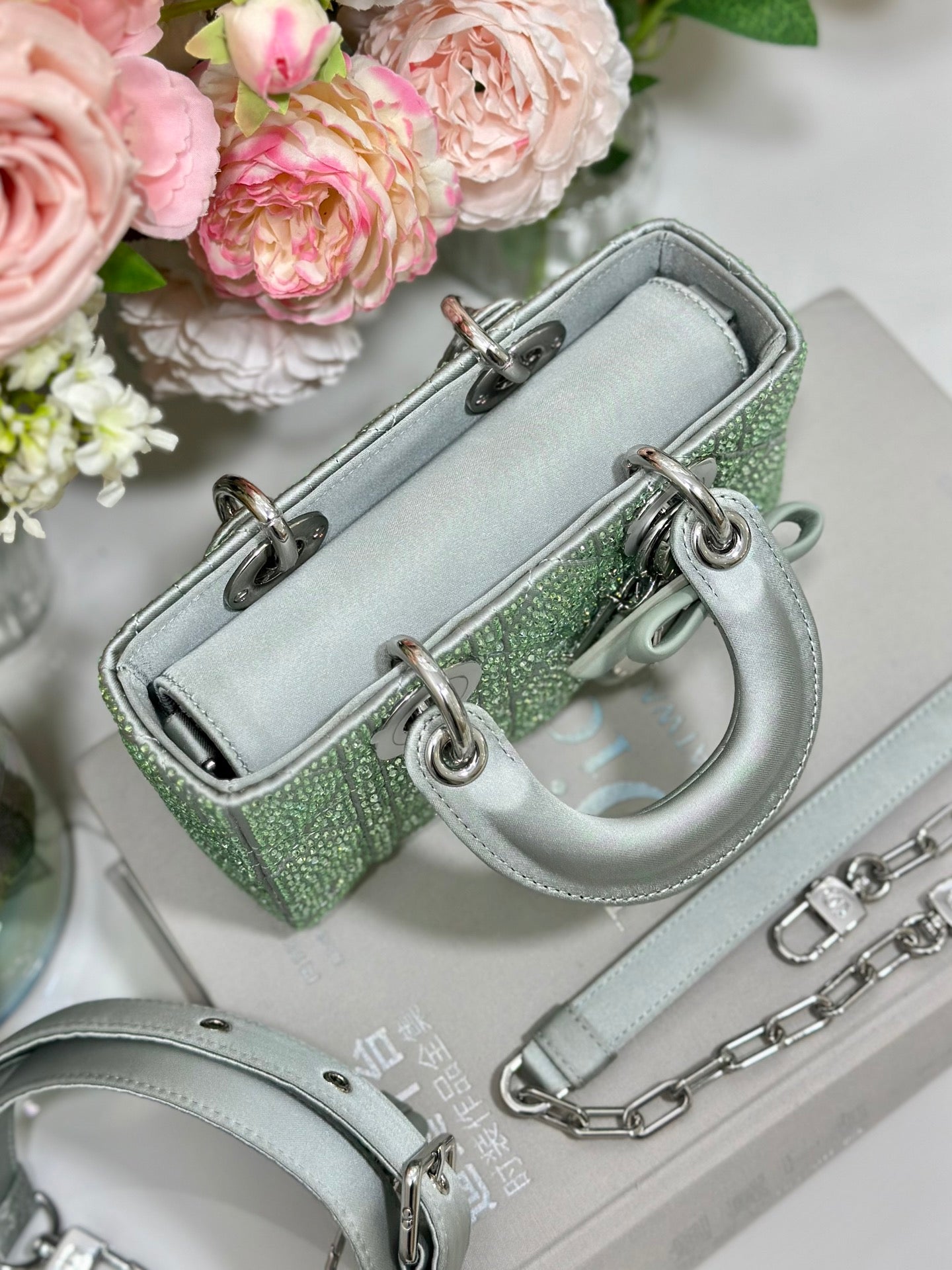Dior 2026 Dior 2026 Lady D-Joy Bag 19cm Green Cannage Satin and Strass 166357