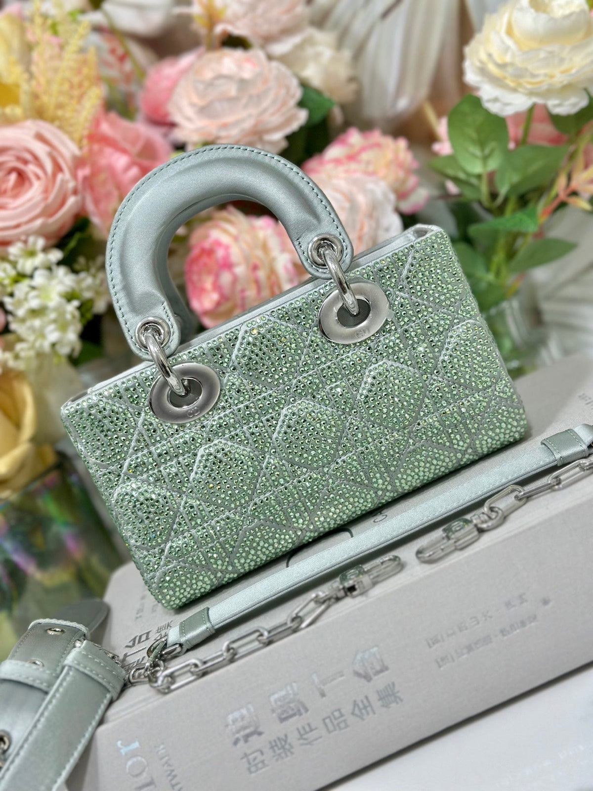 Dior 2026 Dior 2026 Lady D-Joy Bag 19cm Green Cannage Satin and Strass 166357