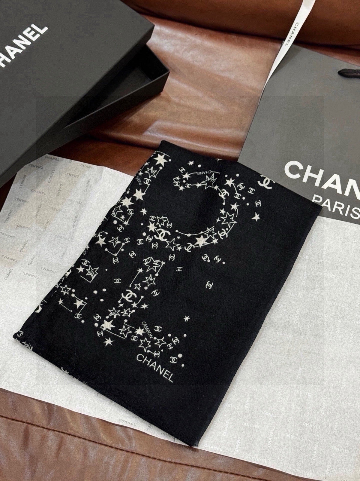 Chanel 2026 Logo Pattern Scarf 200cm Black Cashmere 211959