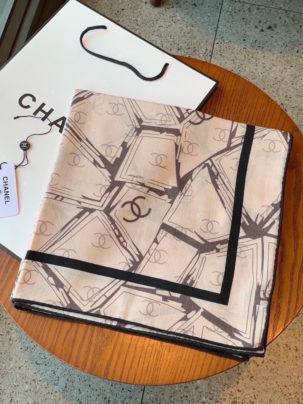 Chanel 2026 Geometric Scarf 135cm Black White Silk And Cashmere 214969