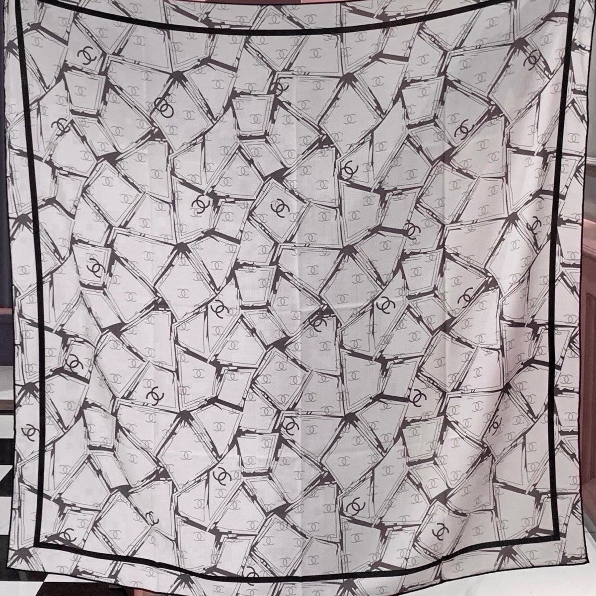 Chanel 2026 Geometric Scarf 135cm Black White Silk And Cashmere 214969
