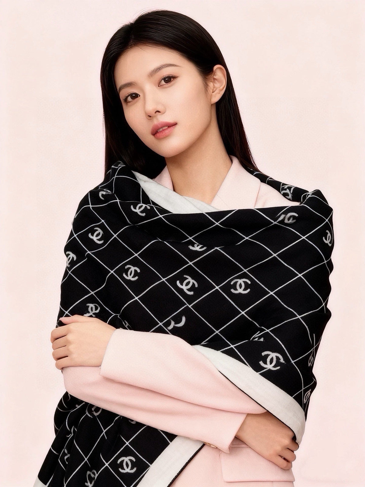Chanel 2026 Diamond Pattern Scarf 140cm Black White Silk 214912