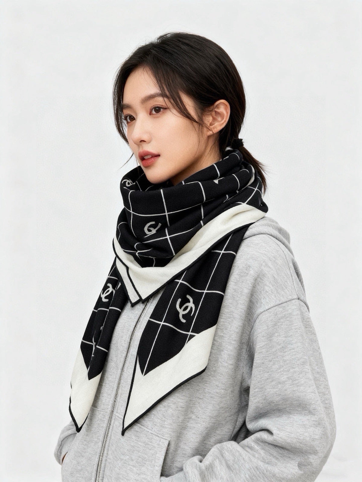 Chanel 2026 Diamond Pattern Scarf 140cm Black White Silk 214912
