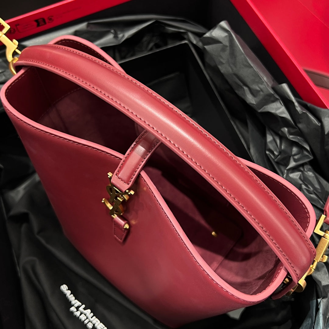 YSL Bucket Bag 17 Dark Red Calfskin Leather