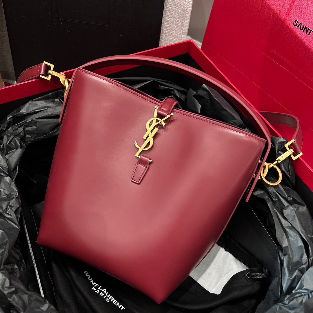 YSL Bucket Bag 17 Dark Red Calfskin Leather