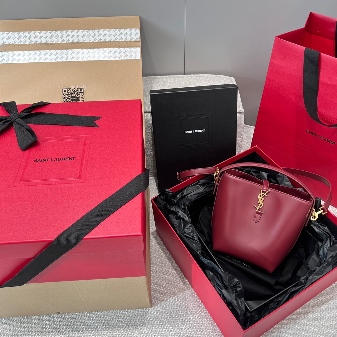 YSL Bucket Bag 17 Dark Red Calfskin Leather