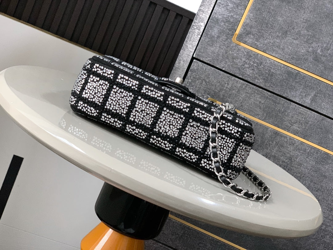 Chanel 2026 Crystal Embellished Flap Bag 20cm Black Silver Hardware Leather