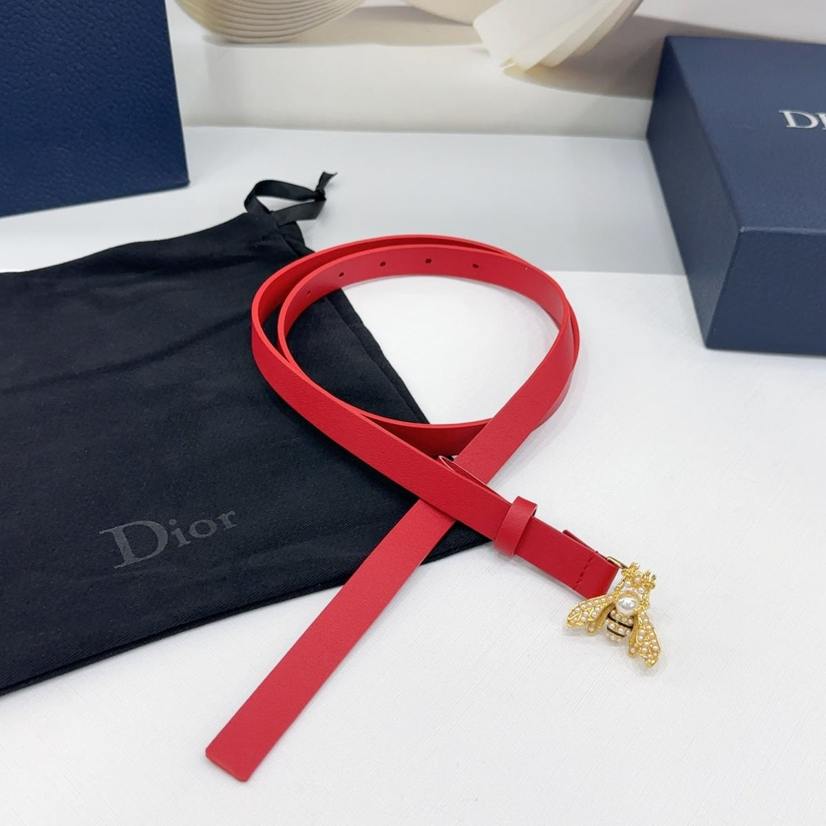 Dior 2026 Bee Motif Skinny Belt 17mm Leather 186411