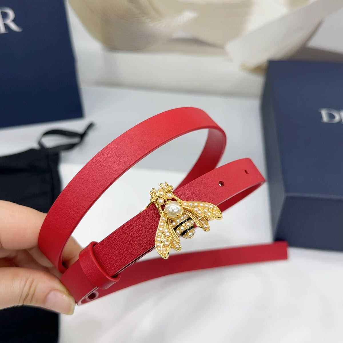 Dior 2026 Bee Motif Skinny Belt 17mm Leather 186411