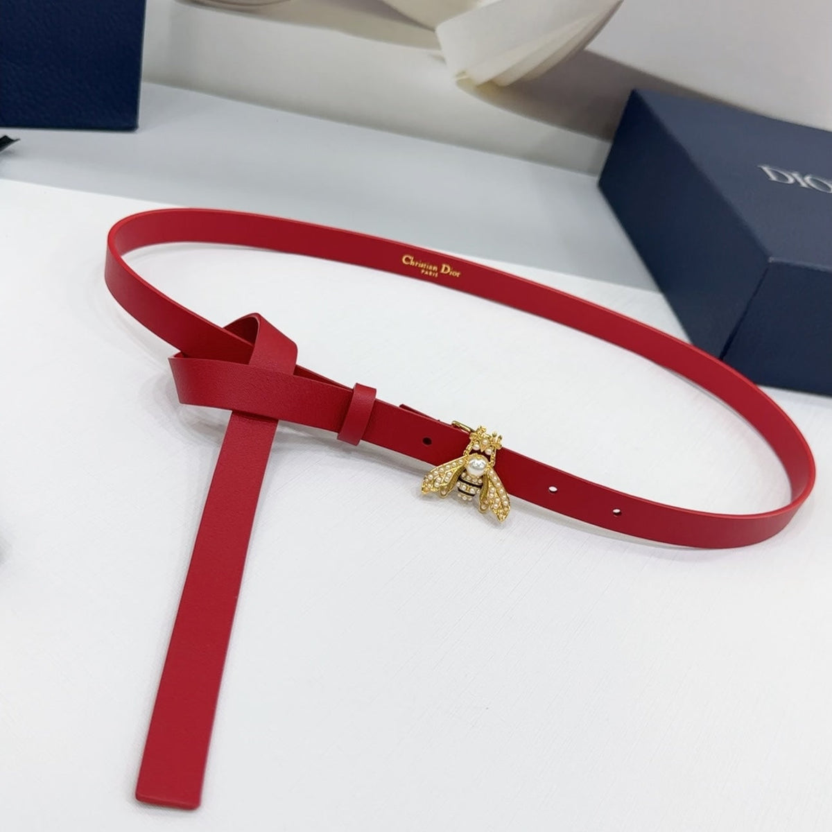 Dior 2026 Bee Motif Skinny Belt 17mm Leather 186411