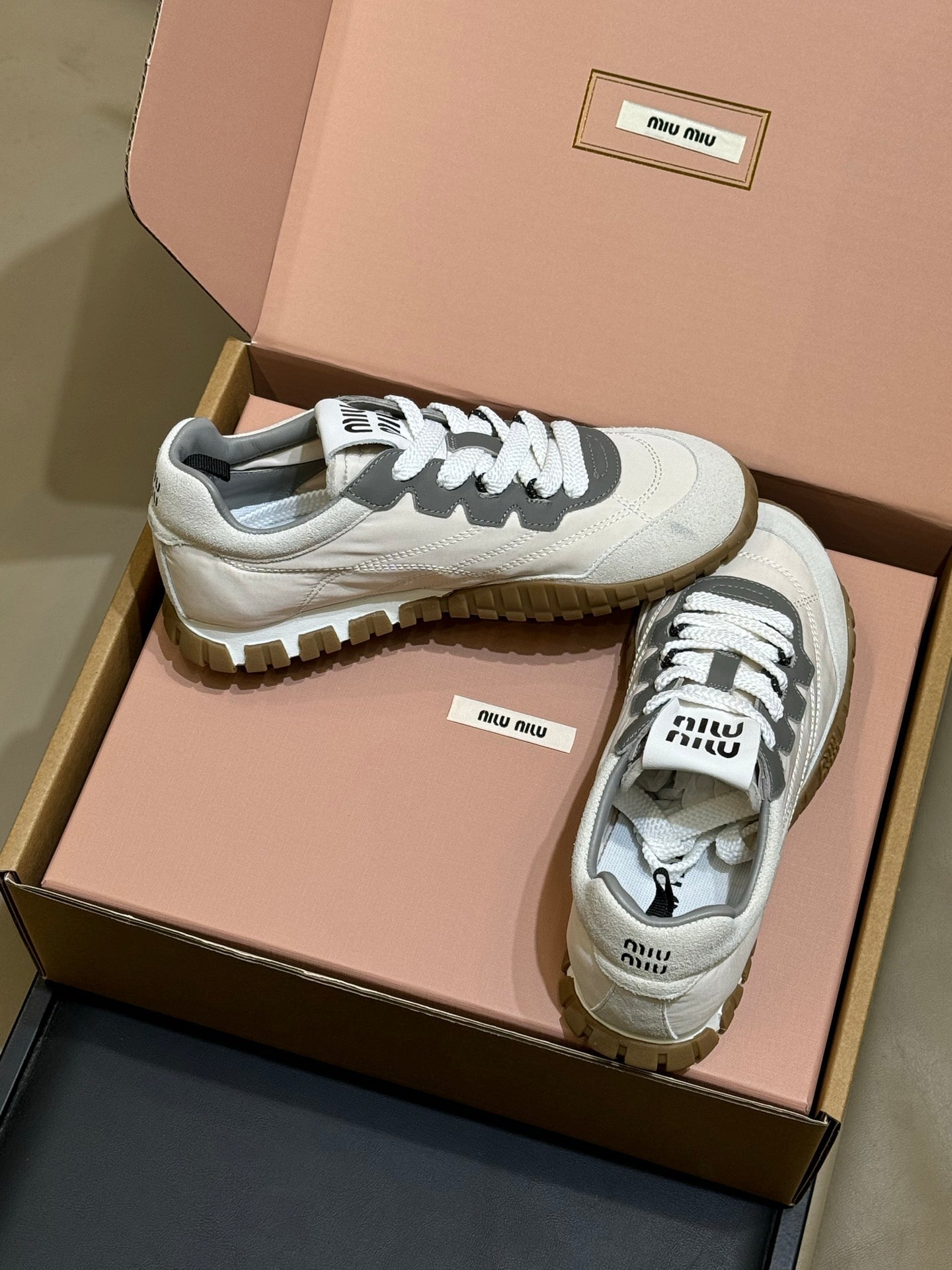 Miu Miu 2026 Tyre Sneaker White Grey Leather Suede 621351