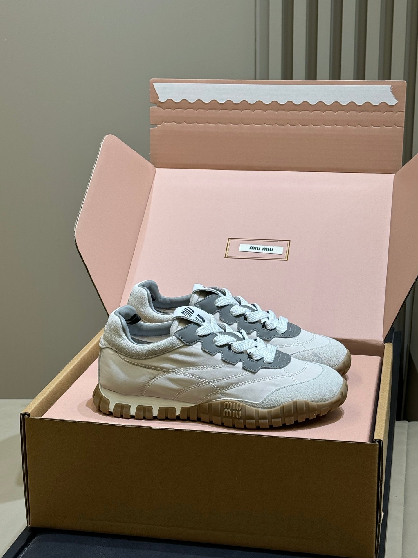 Miu Miu 2026 Tyre Sneaker White Grey Leather Suede 621351