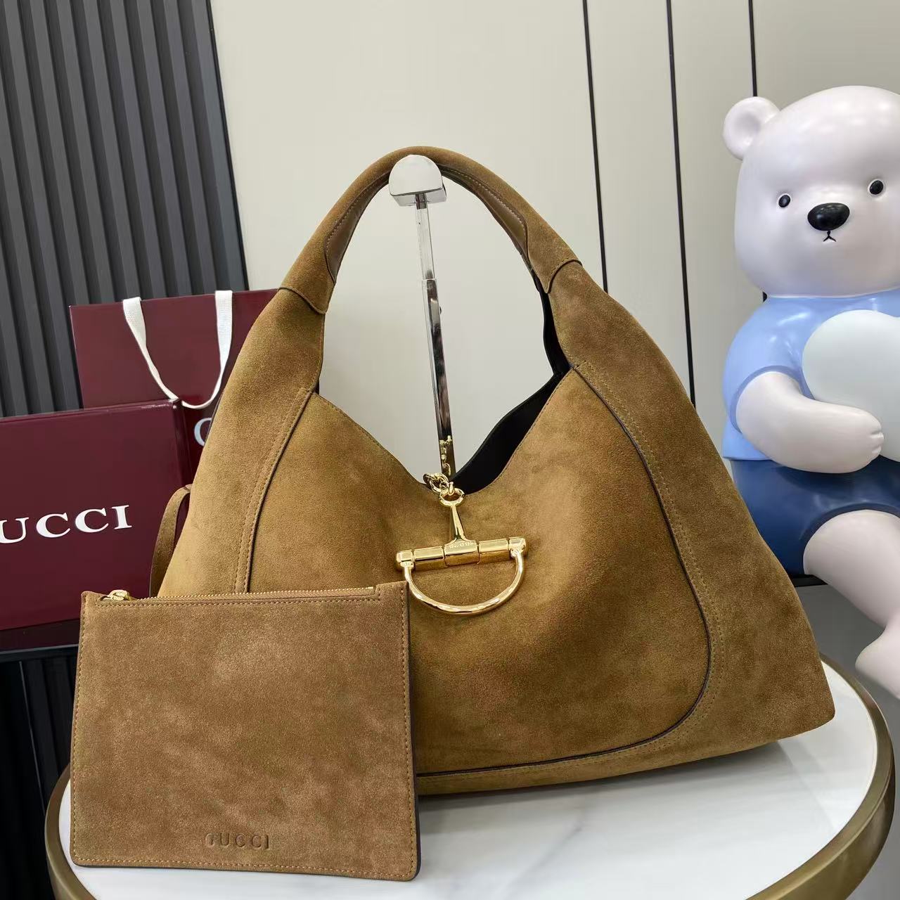 Gucci 25 Softbit Brown Gold Suede Leather 290512
