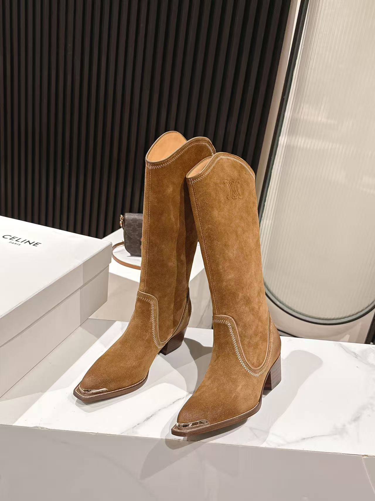 CELINE 25 Mid Calf Cowboy Boots Brown Suede 434425