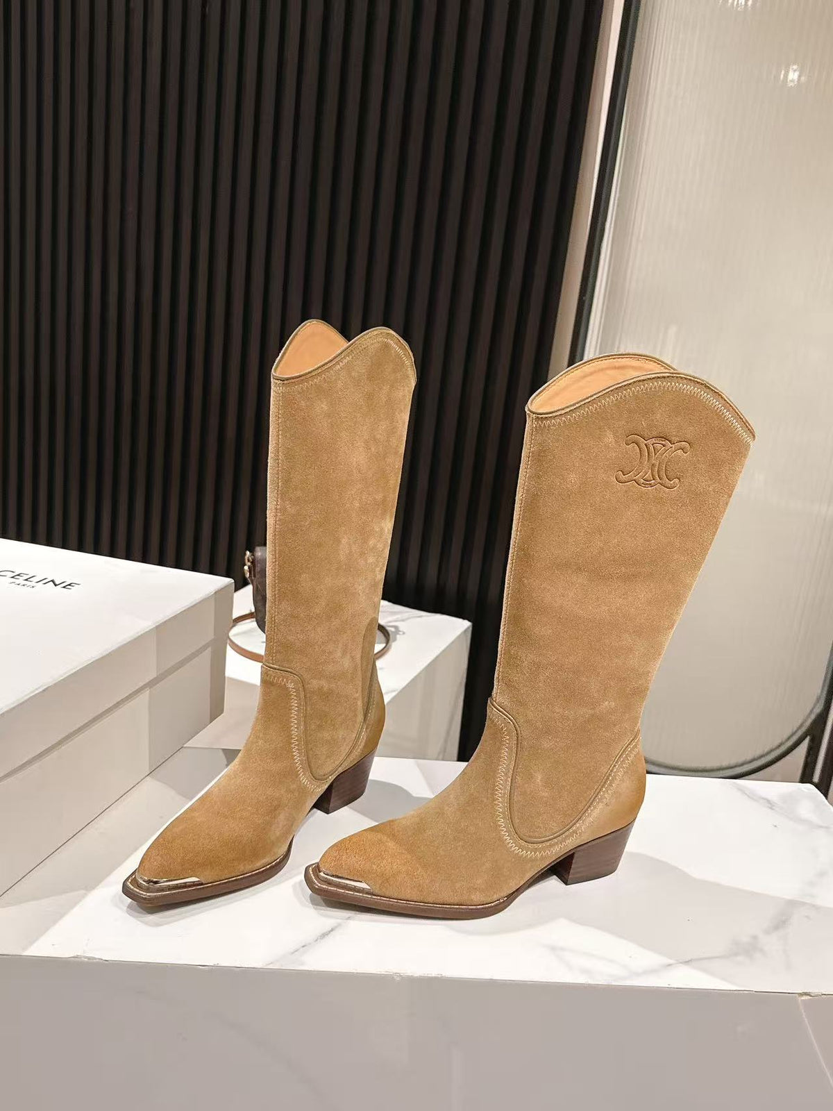 CELINE 25 Mid Calf Cowboy Boots Light Brown Suede