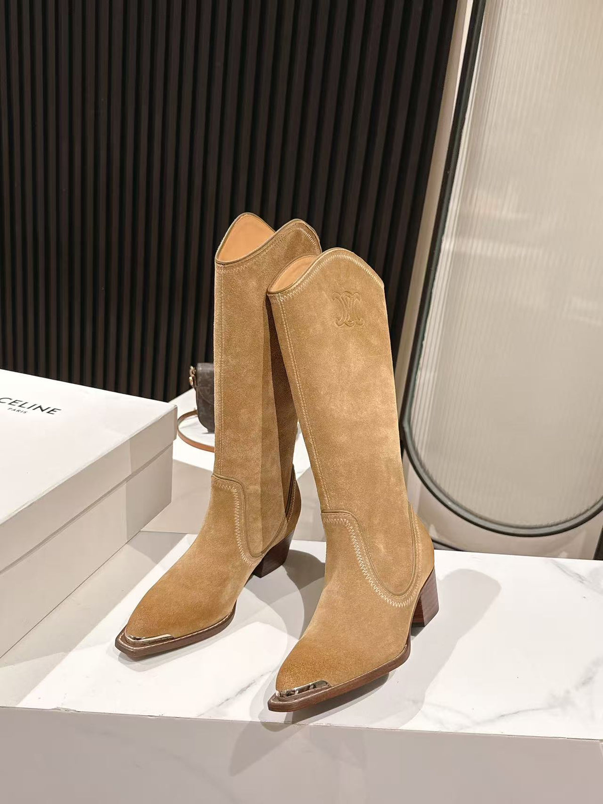 CELINE 25 Mid Calf Cowboy Boots Light Brown Suede