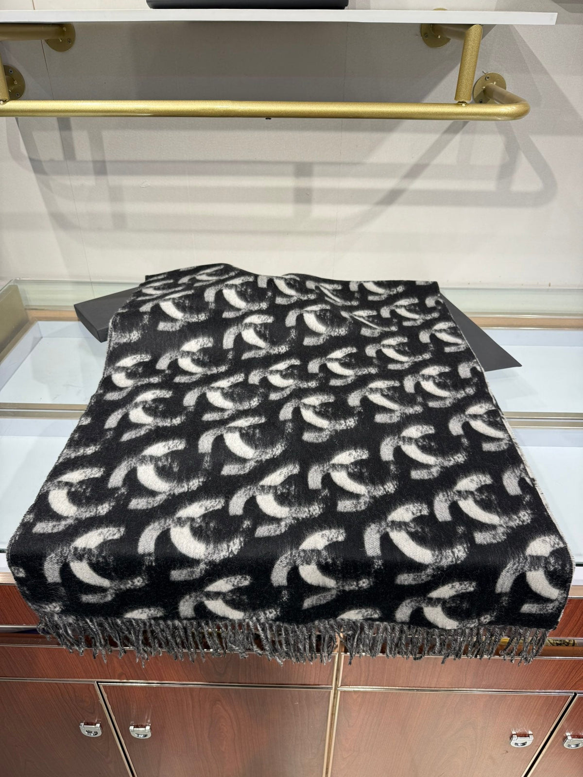 Chanel 2026 Monogram Scarf 200cm Black Cashmere 195606