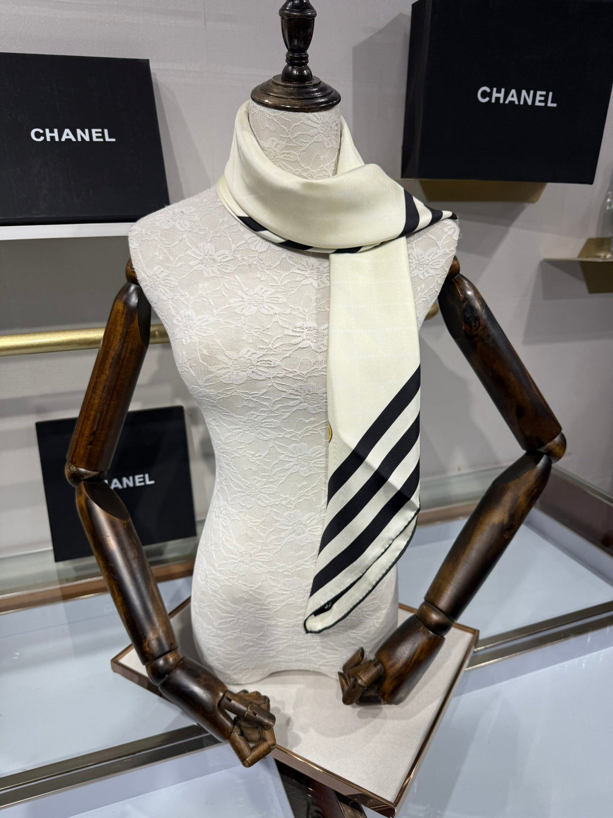 Chanel 2026 Pinstripe Scarf 90cm Black White Silk 209010