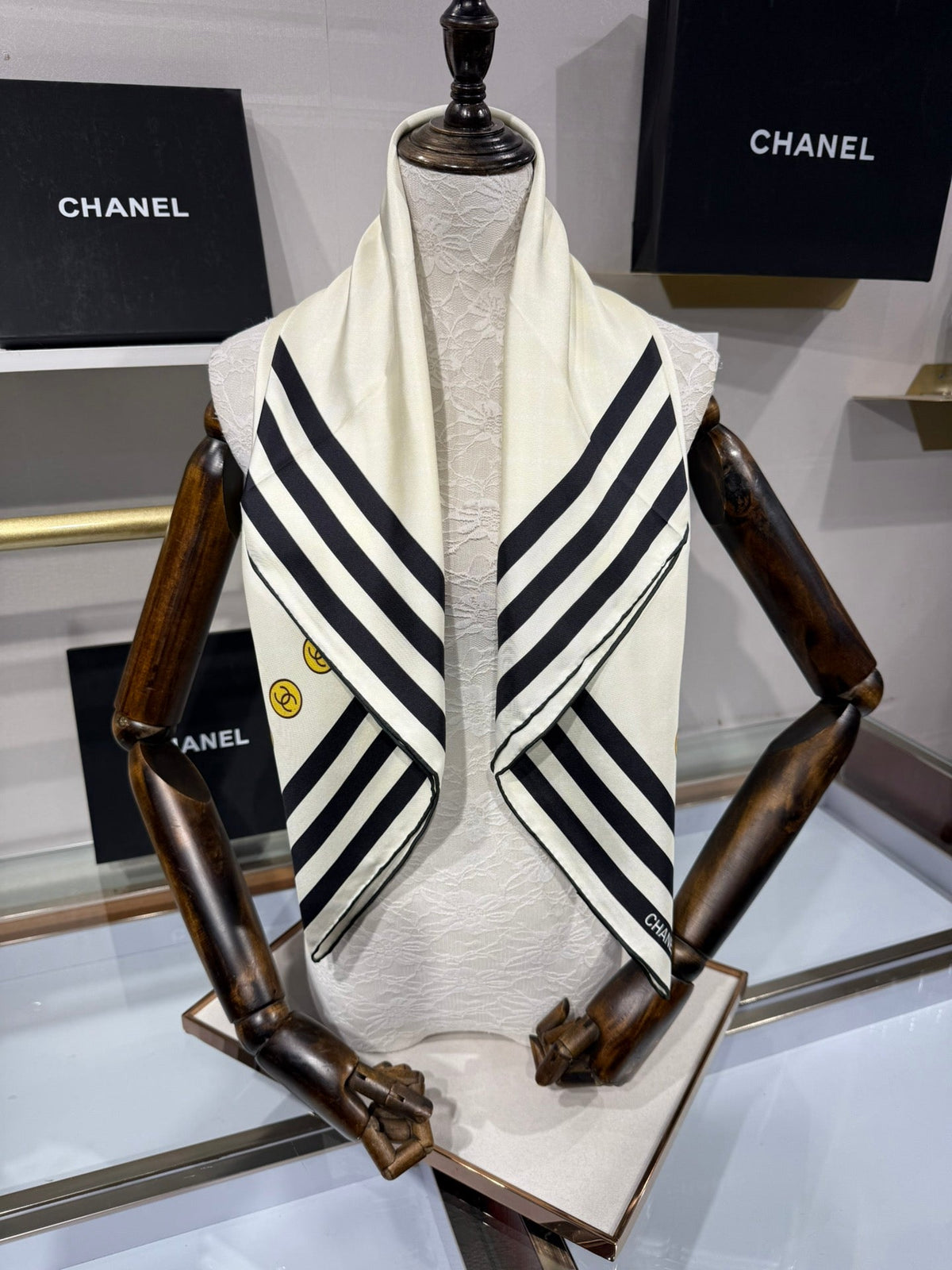 Chanel 2026 Pinstripe Scarf 90cm Black White Silk 209010