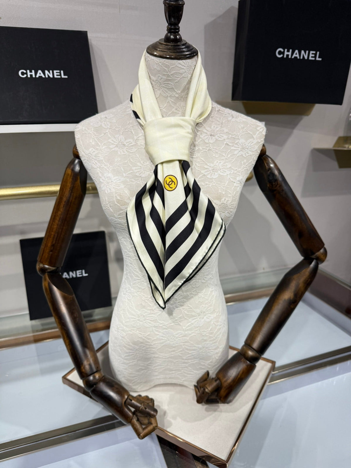 Chanel 2026 Pinstripe Scarf 90cm Black White Silk 209010