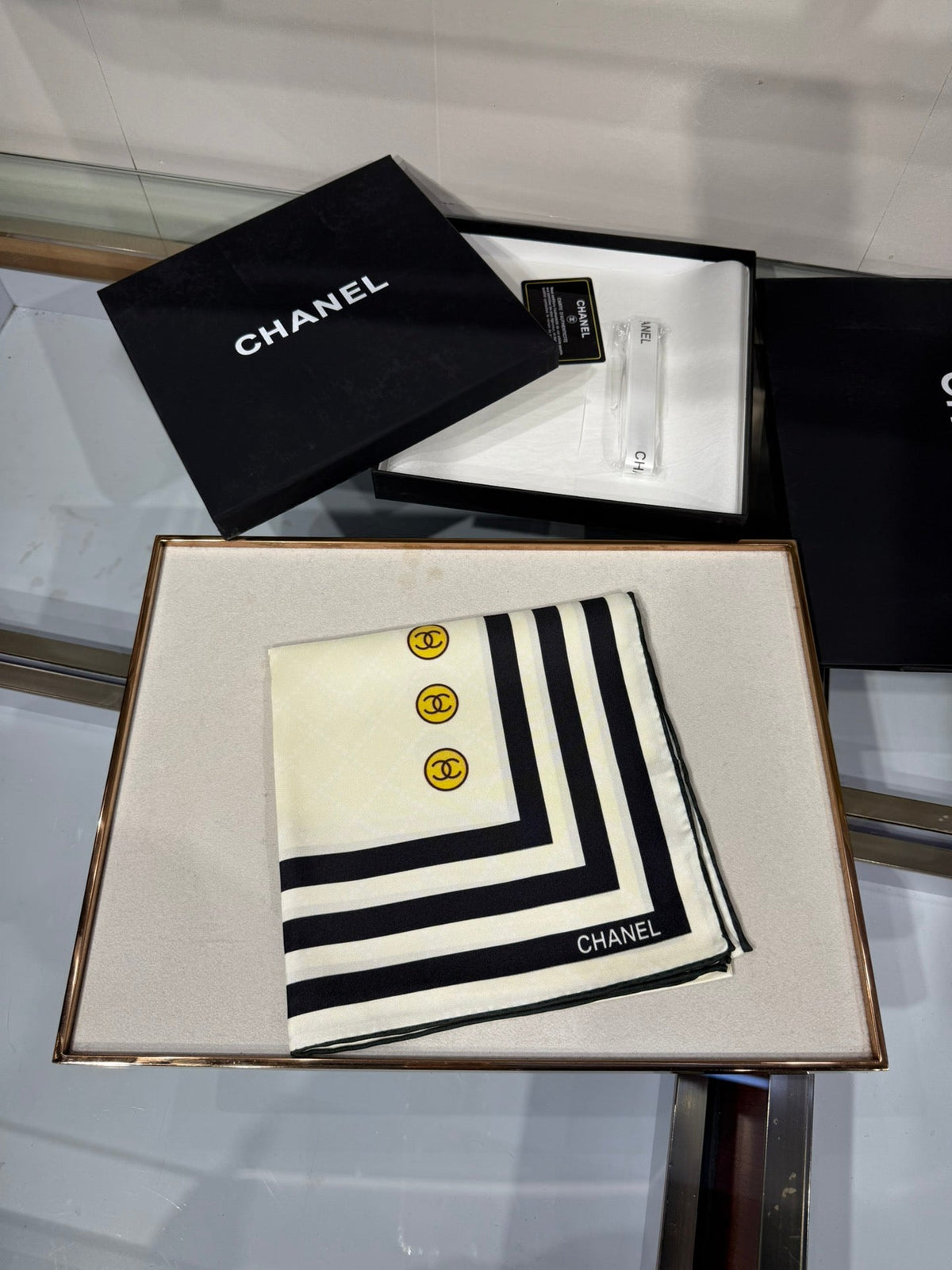 Chanel 2026 Pinstripe Scarf 90cm Black White Silk 209010