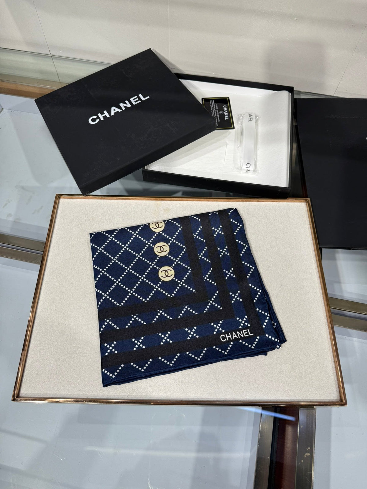 Chanel 2026 Pinstripe Scarf 90cm Navy Blue Silk 198207