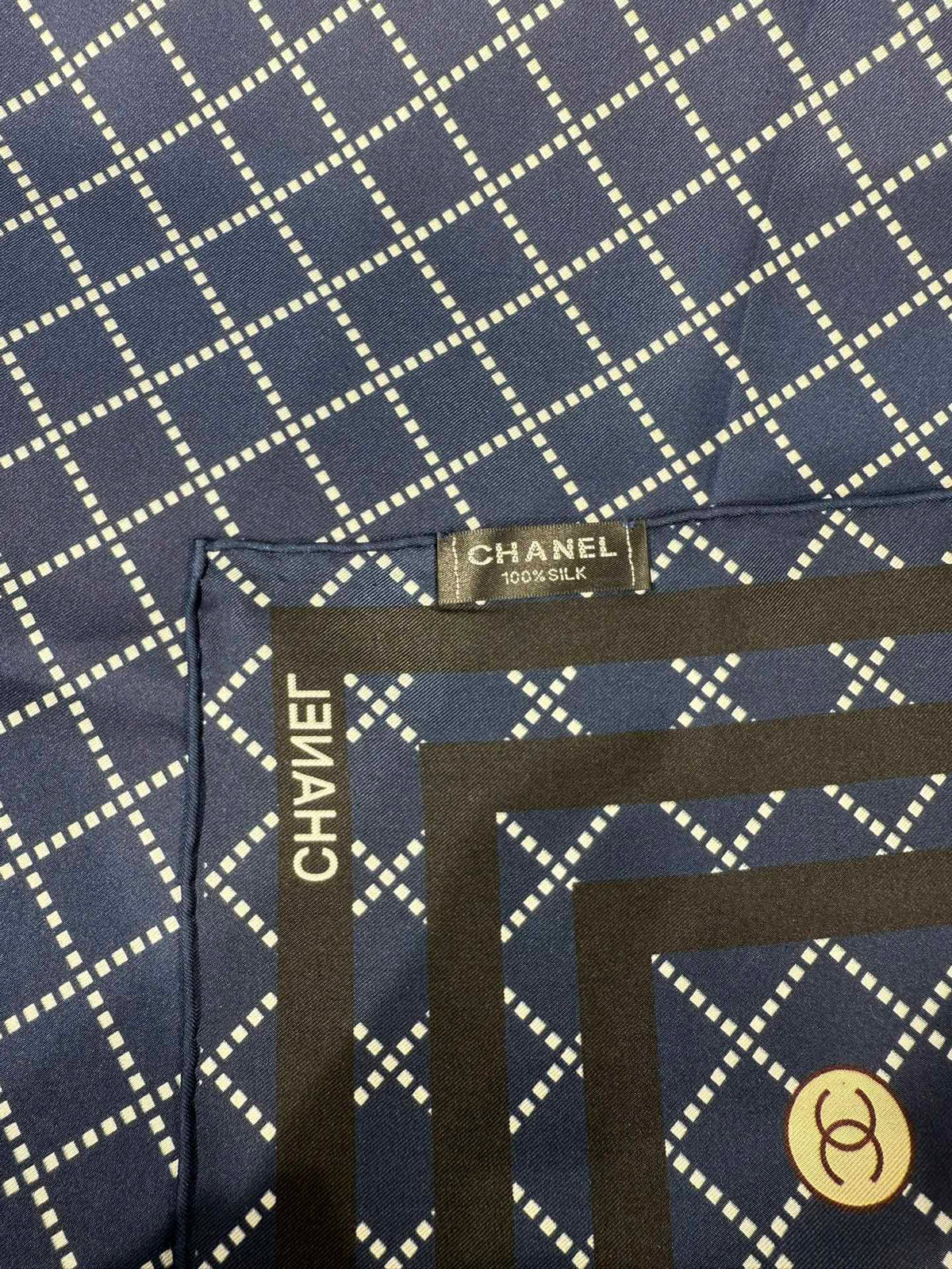 Chanel 2026 Pinstripe Scarf 90cm Navy Blue Silk 198207