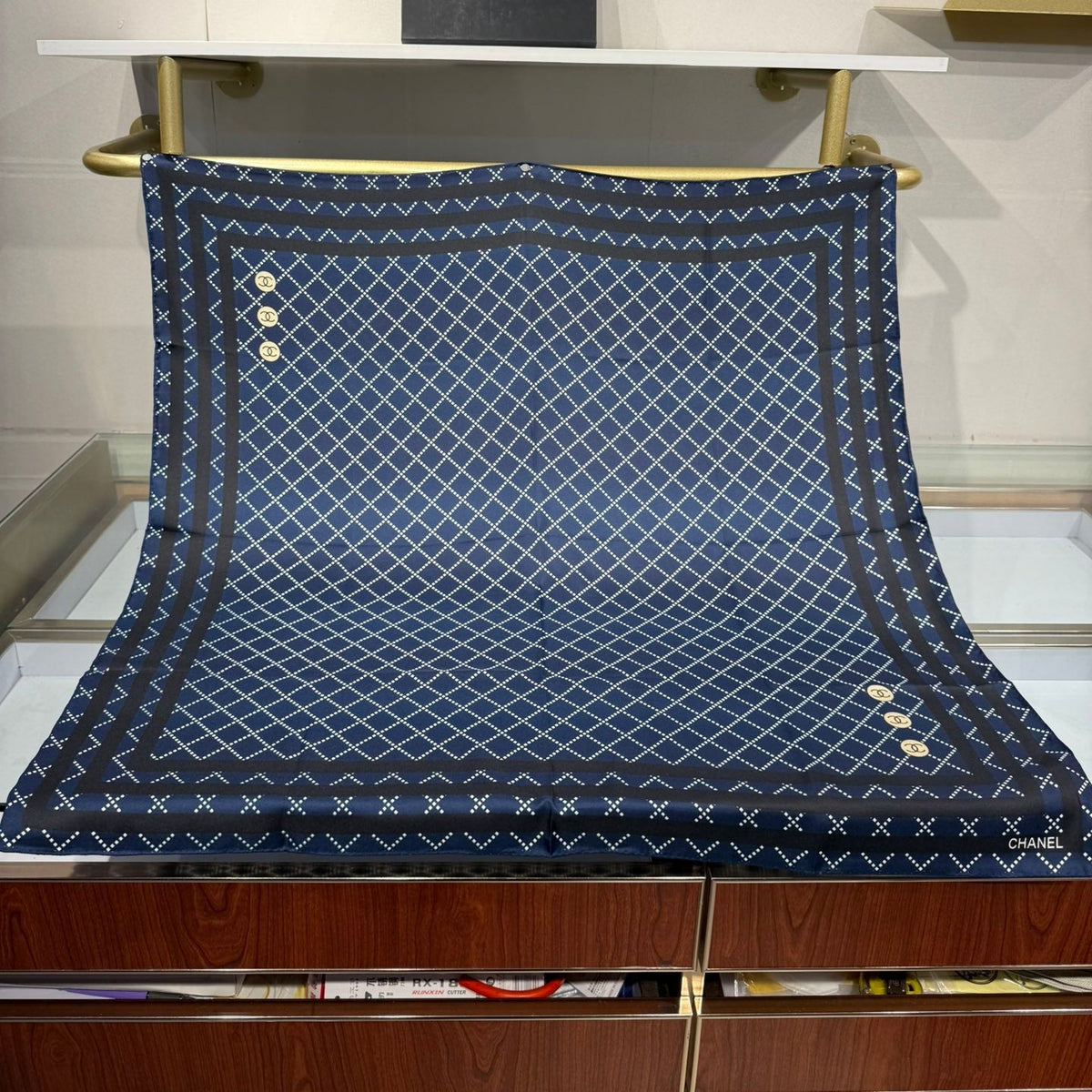 Chanel 2026 Pinstripe Scarf 90cm Navy Blue Silk 198207