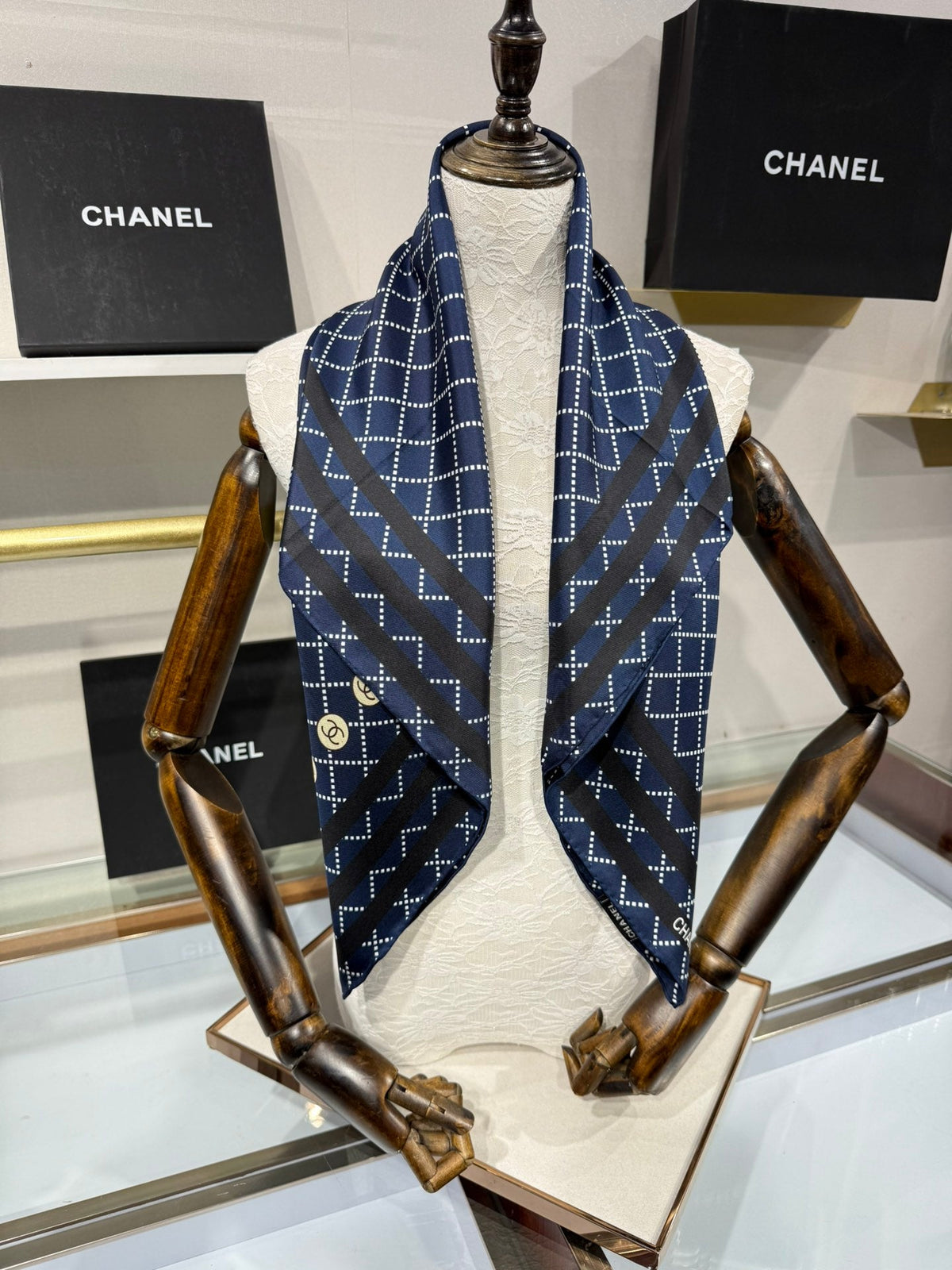 Chanel 2026 Pinstripe Scarf 90cm Navy Blue Silk 198207