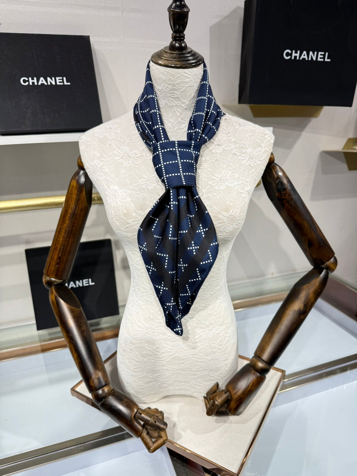 Chanel 2026 Pinstripe Scarf 90cm Navy Blue Silk 198207