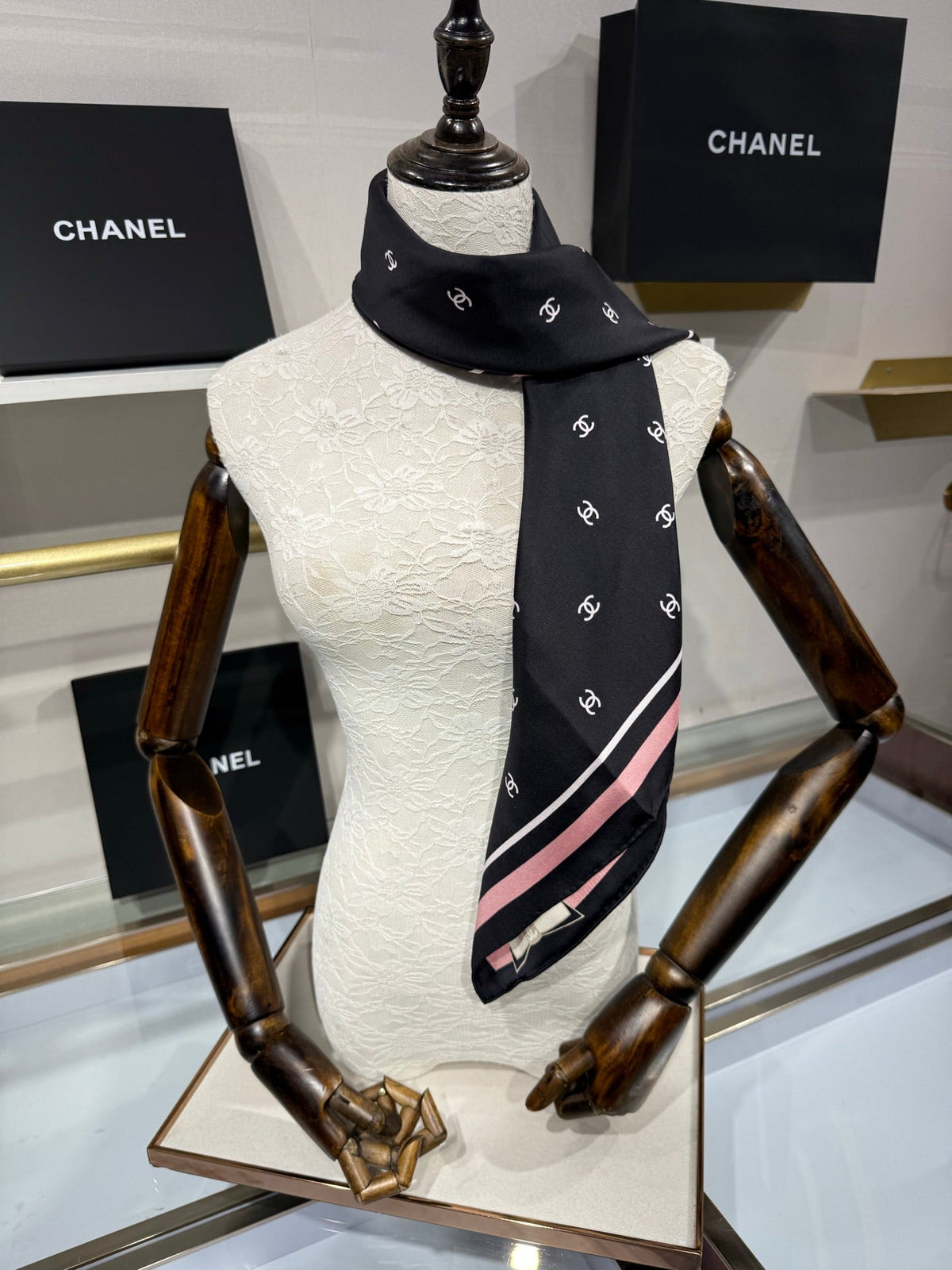 Chanel 2026 Square Scarf 90cm Black Pink Silk Twill 208885