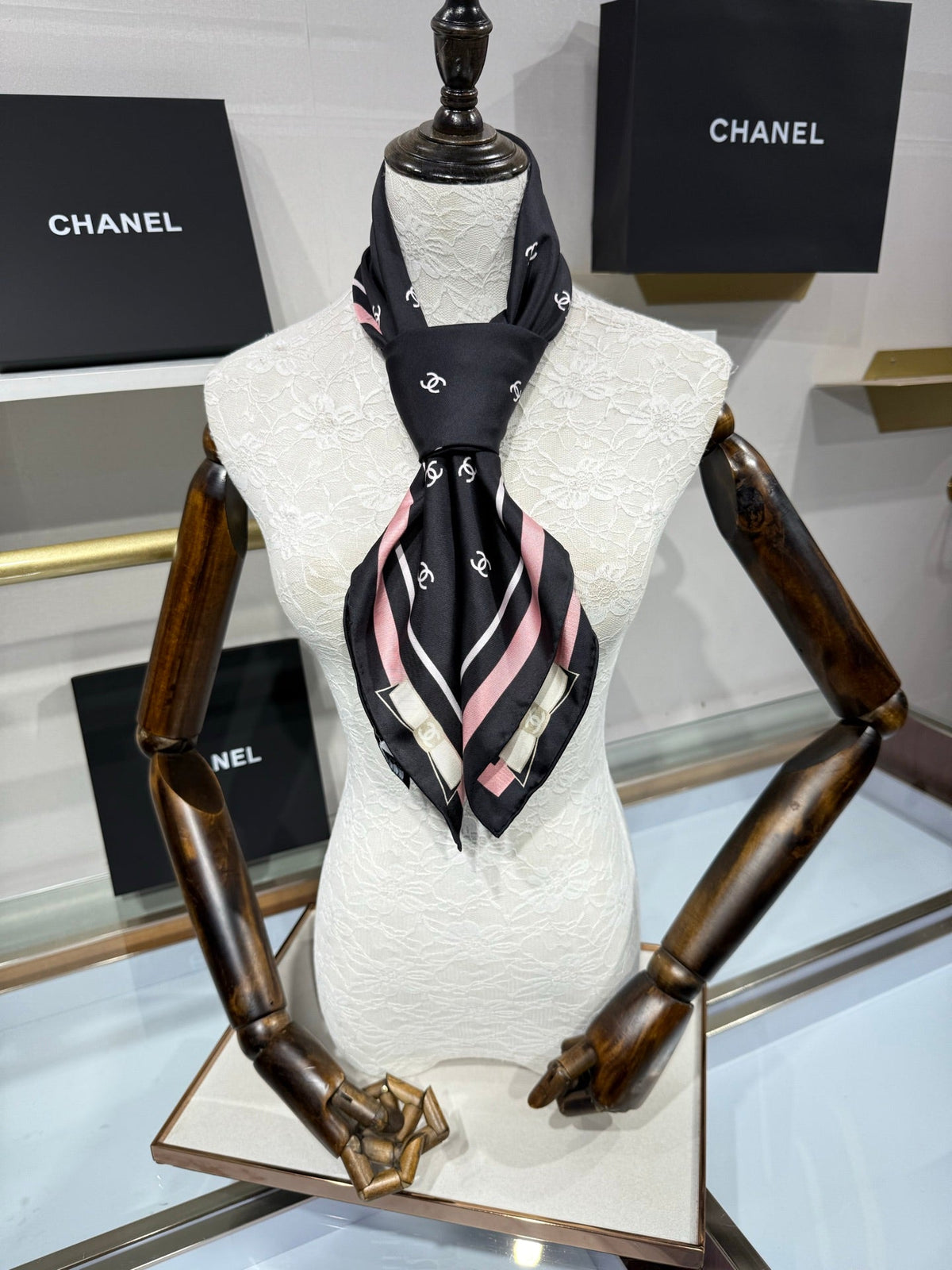 Chanel 2026 Square Scarf 90cm Black Pink Silk Twill 208885