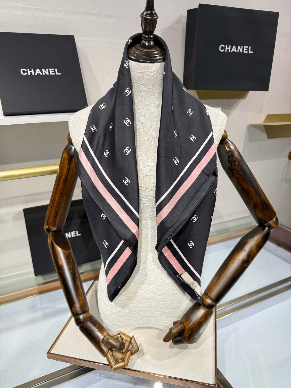 Chanel 2026 Square Scarf 90cm Black Pink Silk Twill 208885