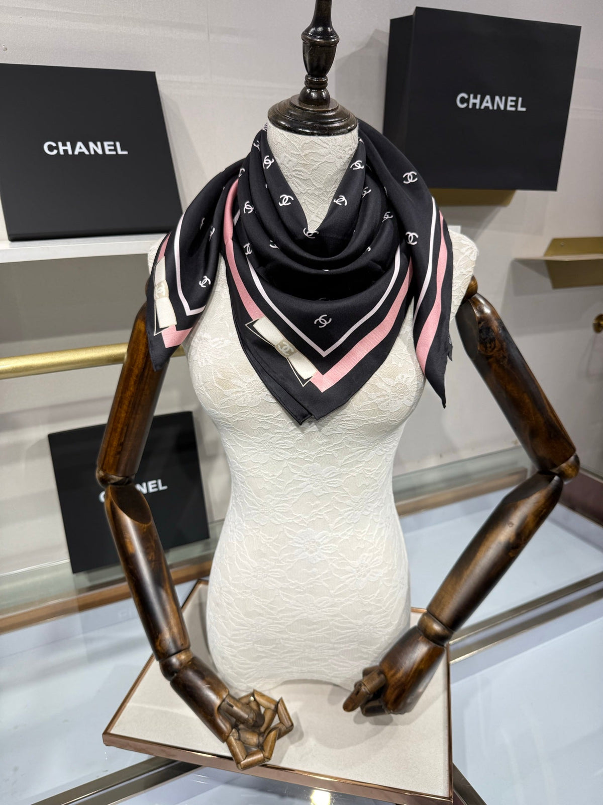 Chanel 2026 Square Scarf 90cm Black Pink Silk Twill 208885